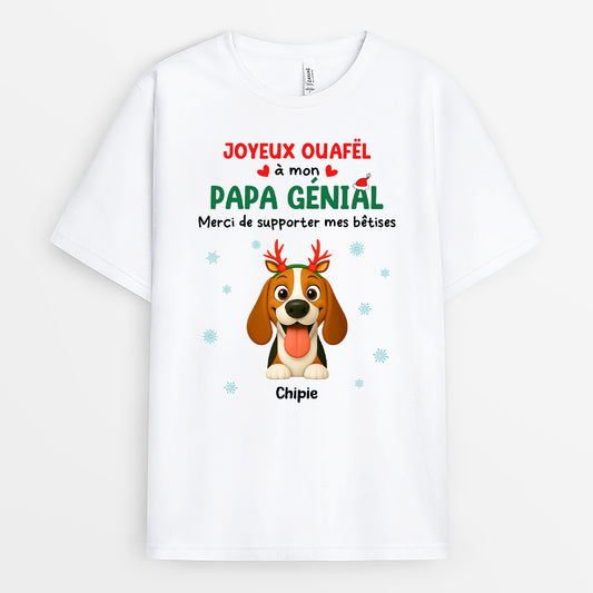 6614AFR1 t shirt personnalise chien de noel joyeux ouafel a mon papa genial 6614akq5c