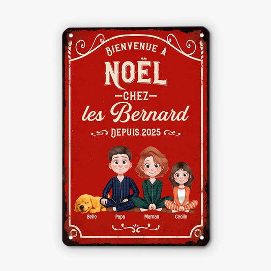 6654EFR1 plaque en metal personnalisee avec chatchien bienvenue a noel chez nous 6654e8zmi