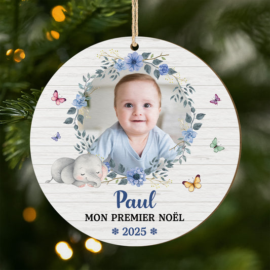 6714OFR1 ornement en bois a 1 couche personnalise avec bebe photo mon premier noel avec elephant 6714o8ptk