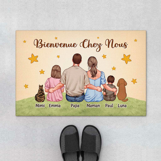 6927DFR1 paillasson personnalise famille et animaux bienvenue chez nous avec chienchat 6927d8tti