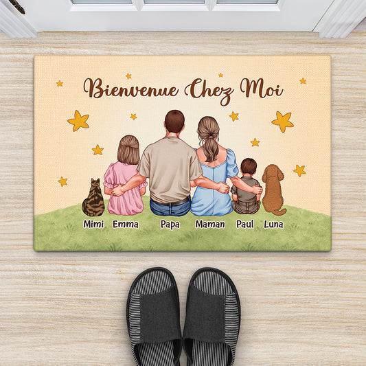 6927DFR2 paillasson personnalise famille et animaux bienvenue chez nous avec chienchat 6927d8tti