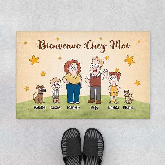 7503DFR1 paillasson personnalise famille et animaux cartoon bienvenue chez nous 7503dtt5i