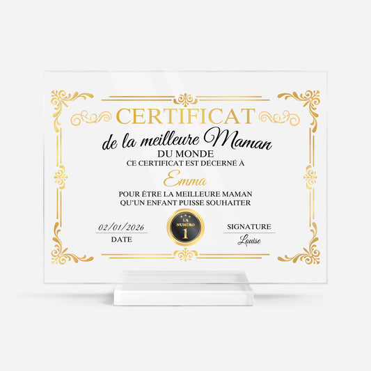 7894RFR1 plaque en acrylique personnalisee avec support certificat de la meilleure maman 7894rcpaa