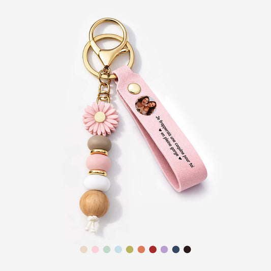 8359MFR1 mon amie je frapperais pour toi porte cles personnalise marguerite en perles avec photo 8359mj8qmf