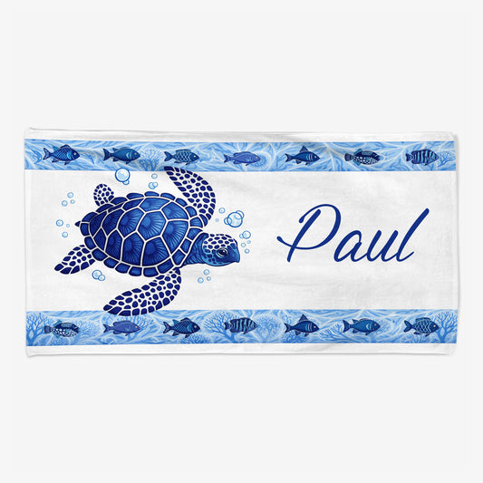 9276BFR1 serviette de plage personnalise_ homme femme dessin tortue avec prenom 9276b8esb