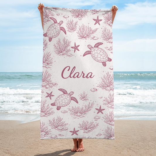 9283BFR2 serviette de plage personnalisee prenom_ et dessin tortue cadeau ete femme 9283bneza