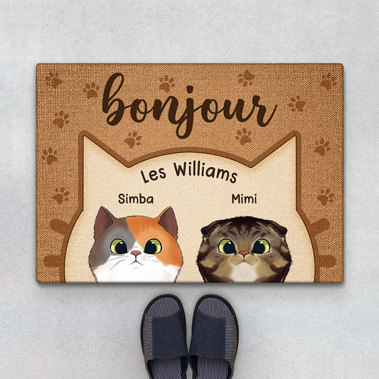0875DFR1 Cadeau Personnalise Paillasson Bonjour Amoureux des Chats