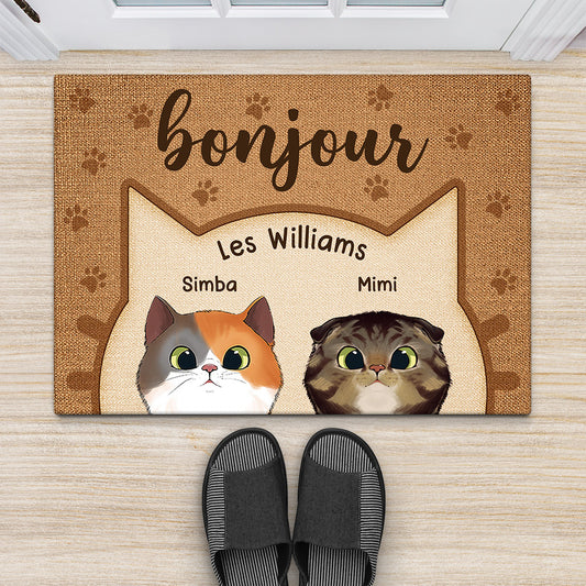 0875DFR2 Cadeau Personnalise Paillasson Bonjour Amoureux des Chats