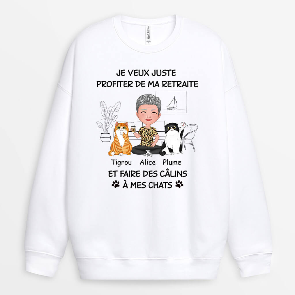 1046WFR2 Cadeau Personnalise Sweat shirt Retraite Calins Amoureux des chats