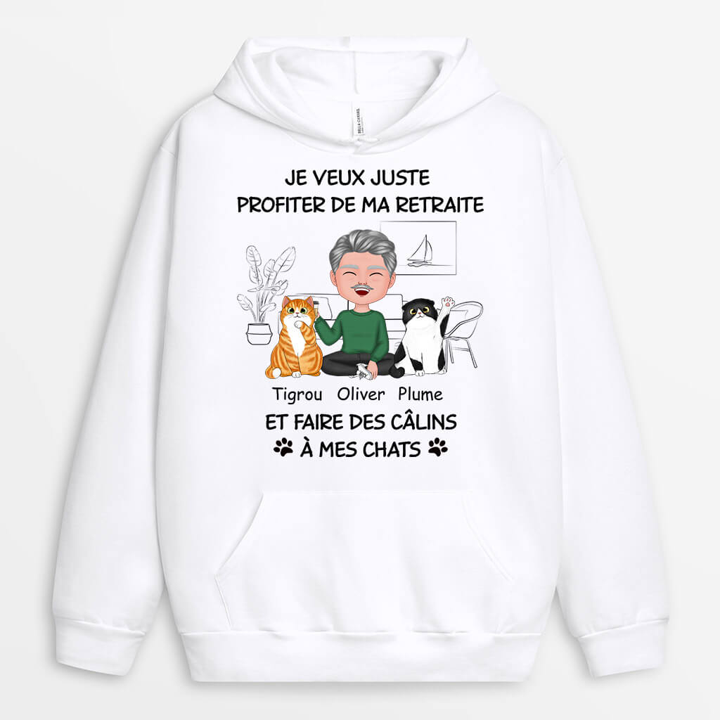 1060HFR1 Cadeau Personnalise Sweat a Capuche Retraite Calins Amoureux des chats