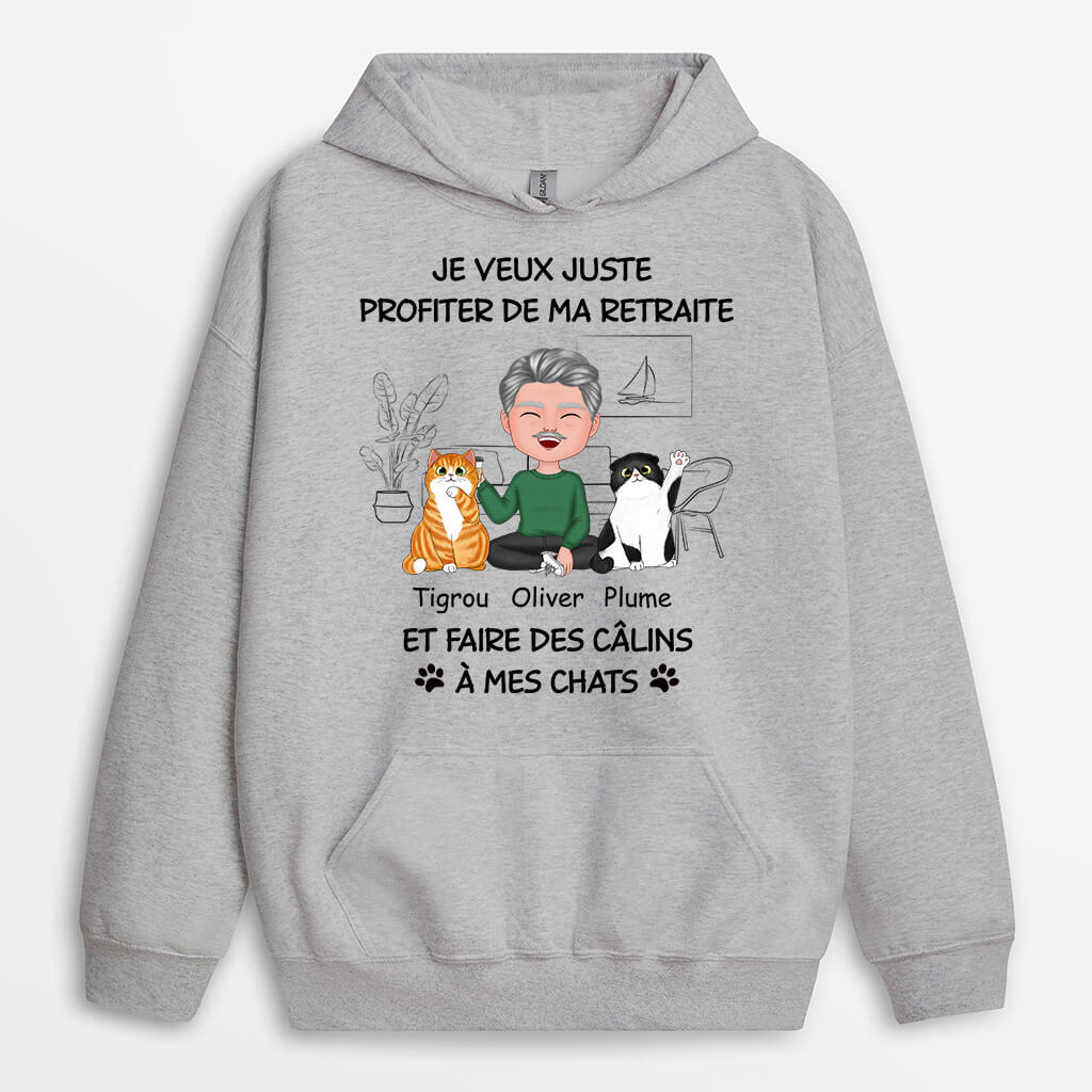 1060HFR2 Cadeau Personnalise Sweat a Capuche Retraite Calins Amoureux des chats