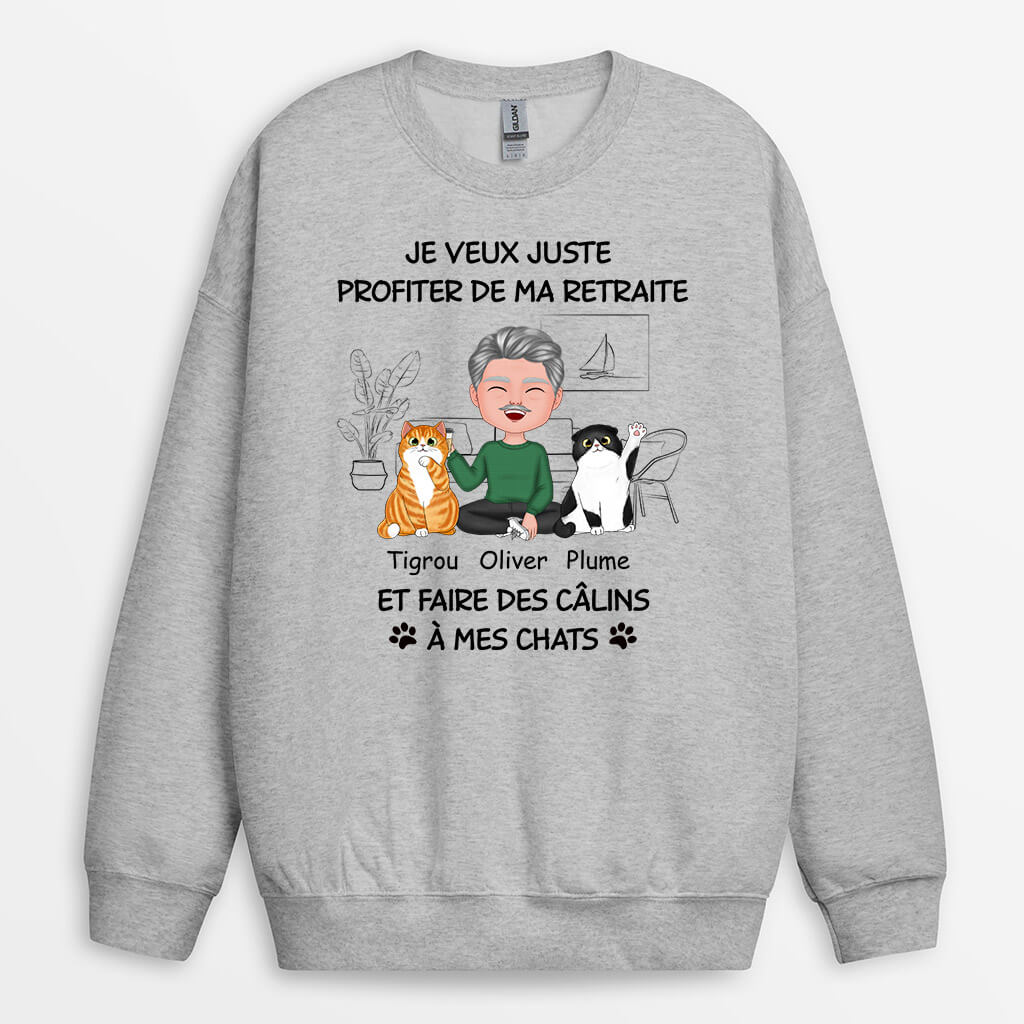 1060WFR1 Cadeau Personnalise Sweat shirt Retraite Calins Amoureux des chats