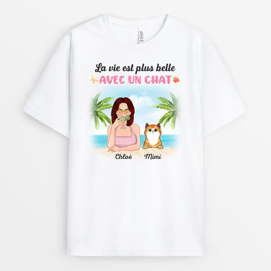 1135AFR1 Cadeau Personnalise T shirt Plage Vie belle Amoureux des chats