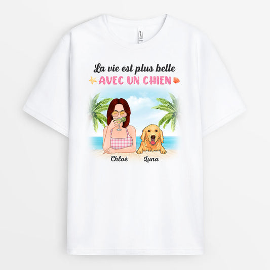 1135AFR1 Cadeau Personnalise T shirt Plage Vie belle Amoureux des chiens