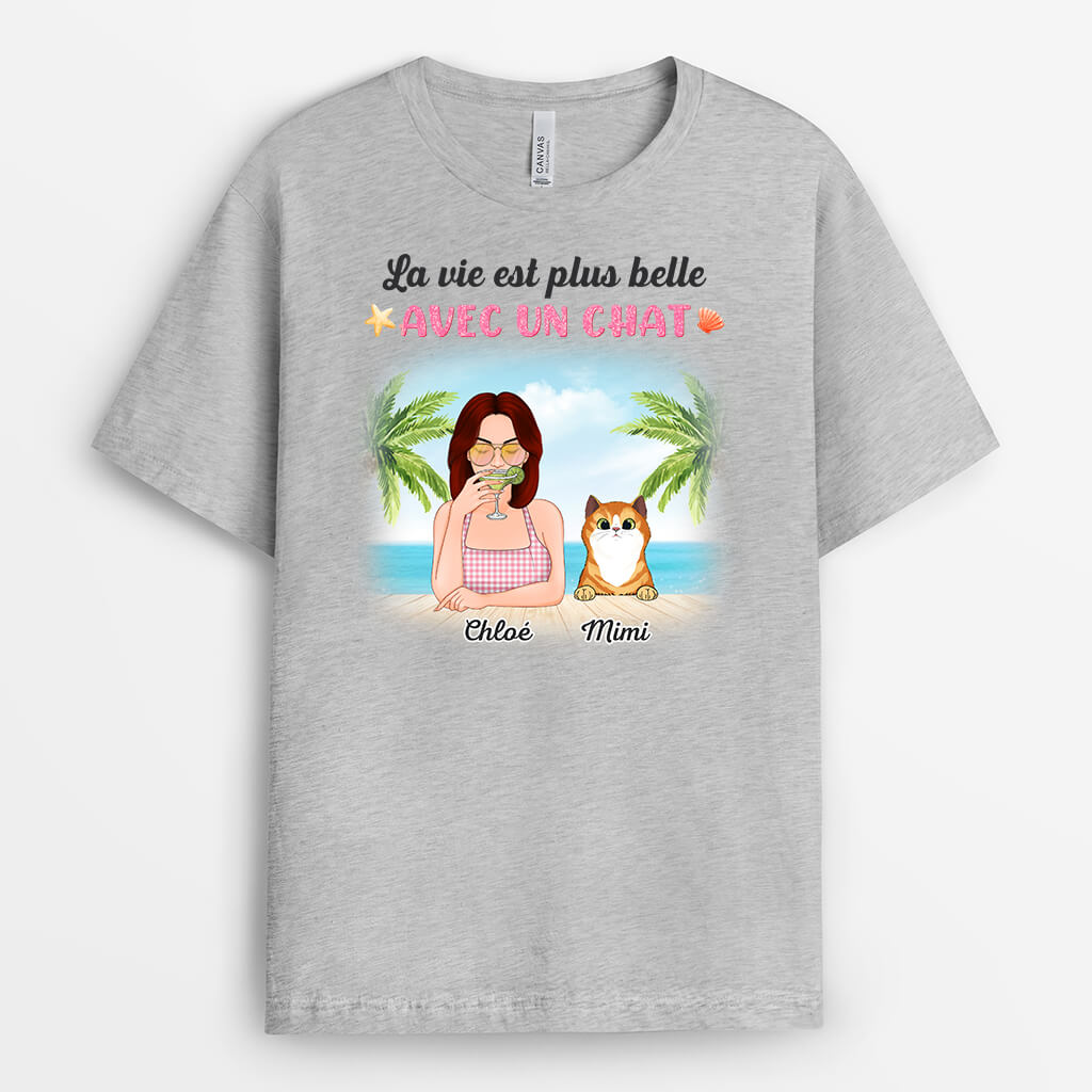 1135AFR2 Cadeau Personnalise T shirt Plage Vie belle Amoureux des chats