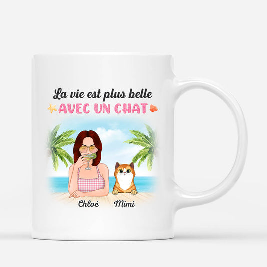 1135MFR1 Cadeau Personnalise Mug Arbre a chat Vie belle Amoureux des chats