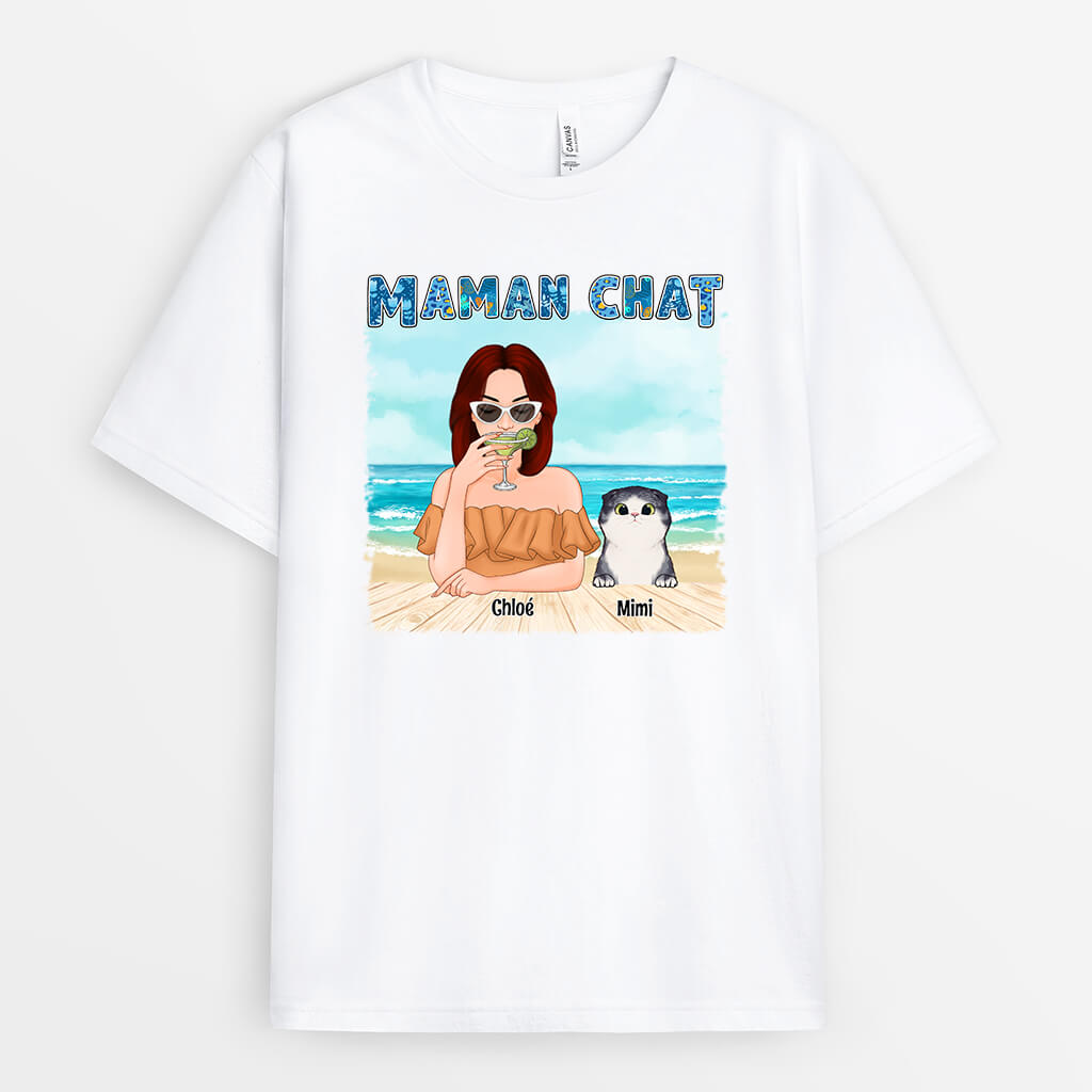 1136AFR1 Cadeau Personnalise T shirt Maman Chat Plage Amoureux des chats