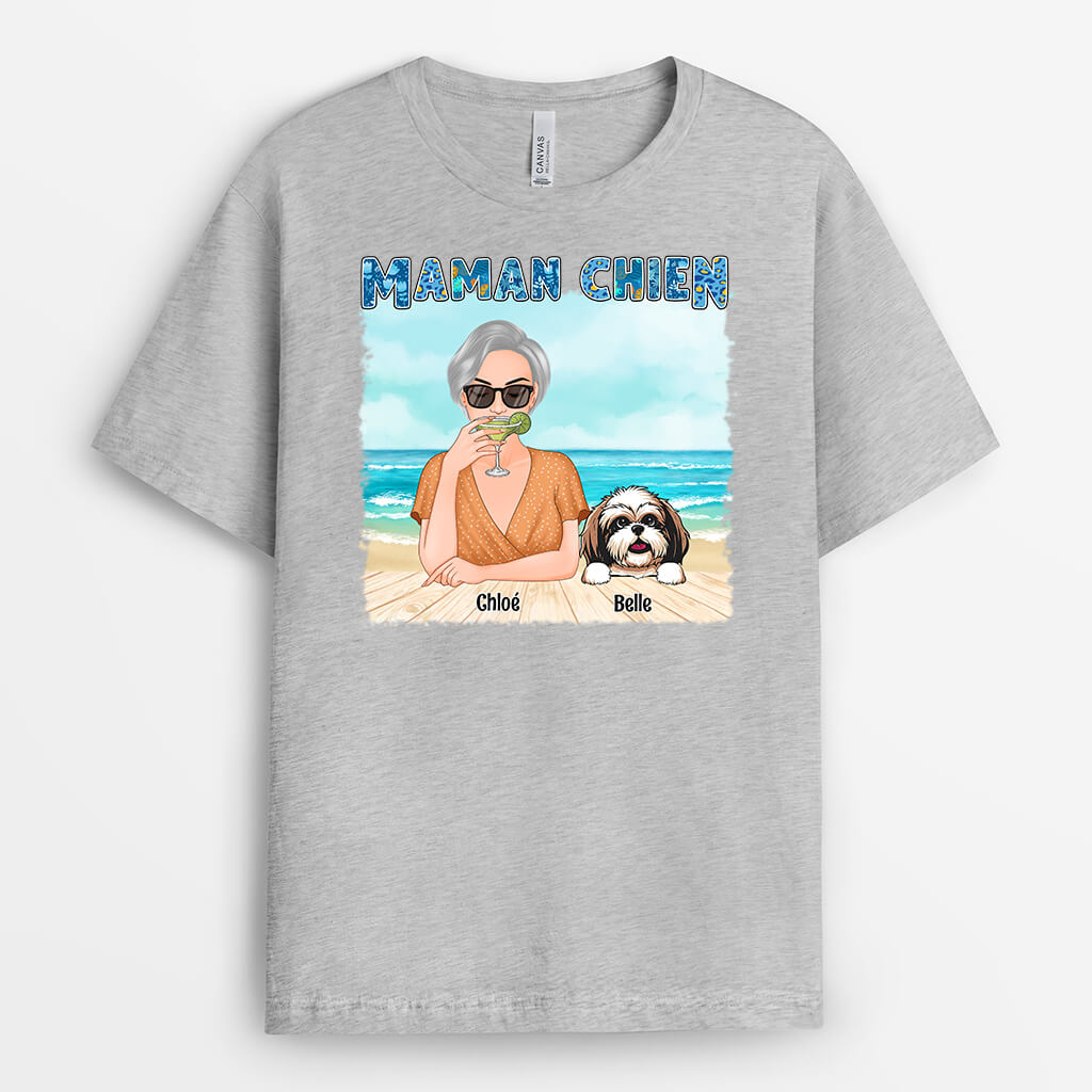 1136AFR1 Cadeau Personnalise T shirt Maman Chien Plage Amoureux des chiens