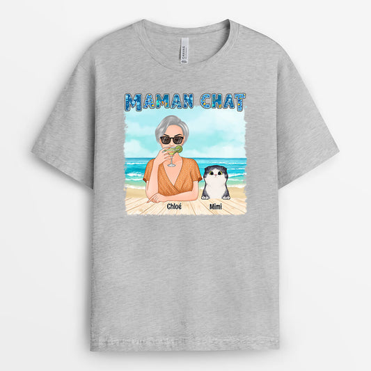 1136AFR2 Cadeau Personnalise T shirt Maman Chat Plage Amoureux des chats