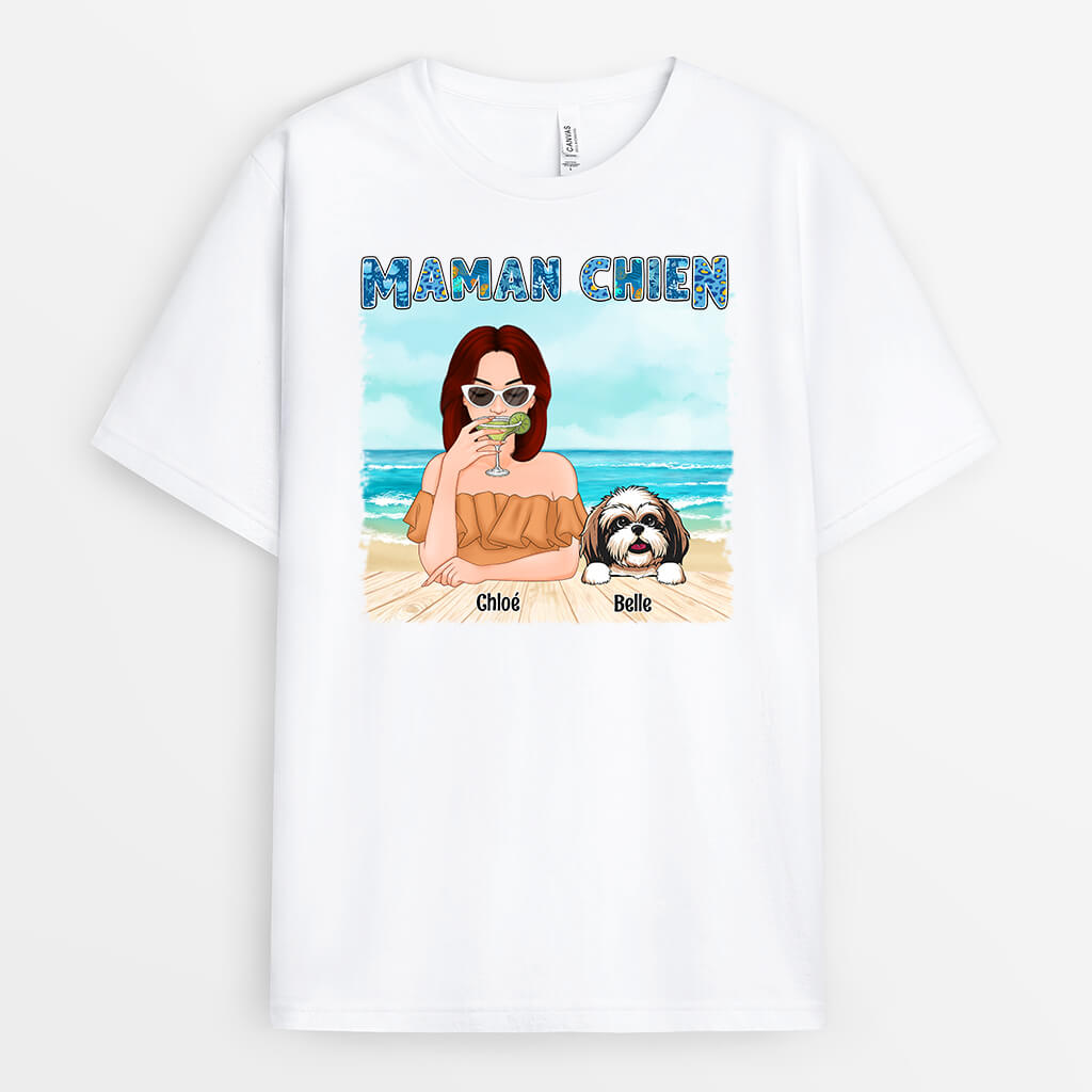 1136AFR2 Cadeau Personnalise T shirt Maman Chien Plage Amoureux des chiens