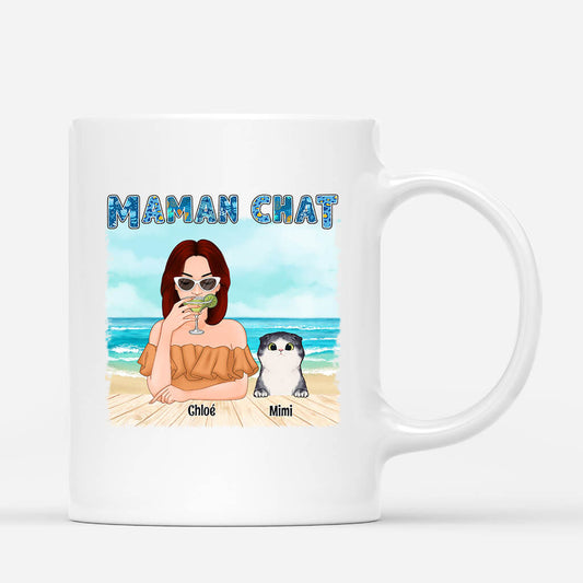 1136MFR1 Cadeau Personnalise Mug Maman Chat Plage Amoureux des chats