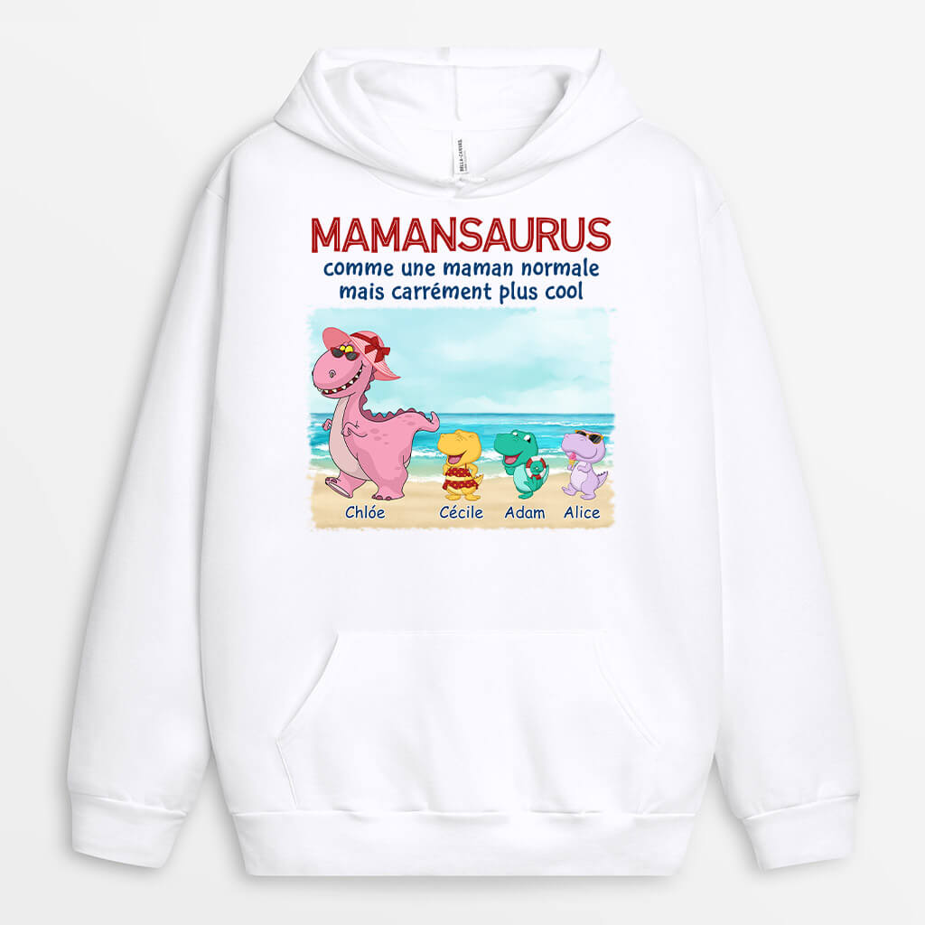 1139HFR1 Cadeau Personnalise Sweat a Capuche Plage Saurus Maman Mamie