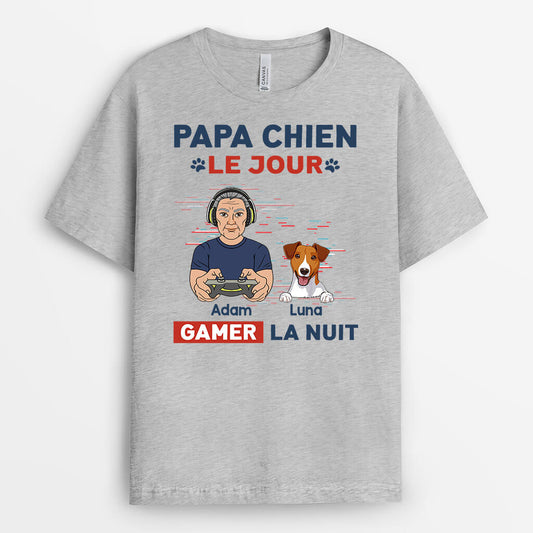 1161AFR2 Cadeau Personnalise T shirt Papa Chien Jour Gamer Nuit Amoureux des chiens