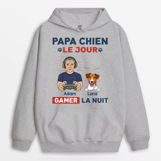 1161HFR2 Cadeau Personnalise Sweat a Capuche Papa Chien Jour Gamer Nuit Amoureux des chiens