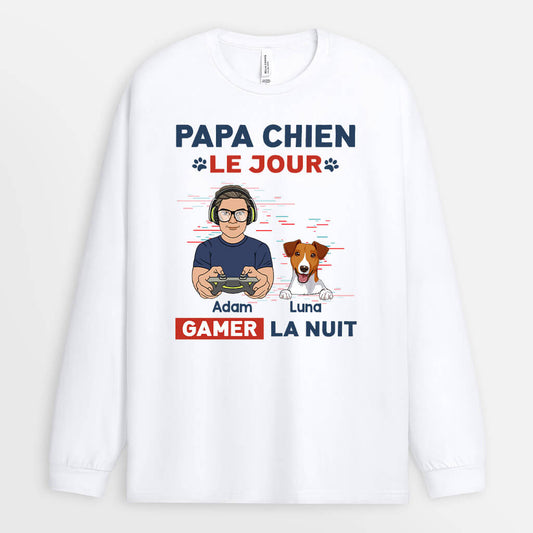 1161NFR1 Cadeau Personnalise Manches Longues Papa Chien Jour Gamer Nuit Amoureux des chiens