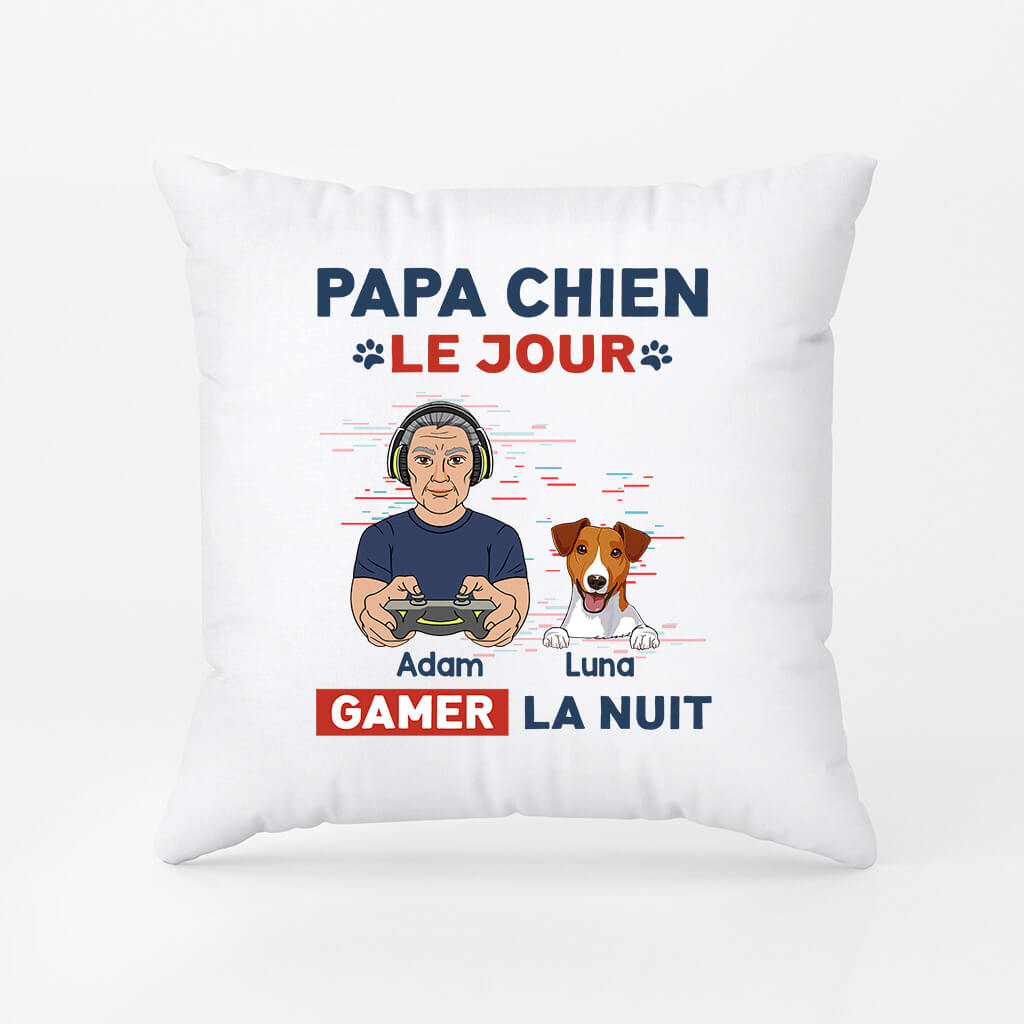 1161PFR2 Cadeau Personnalise Coussin Papa Chien Jour Gamer Nuit Amoureux des chiens