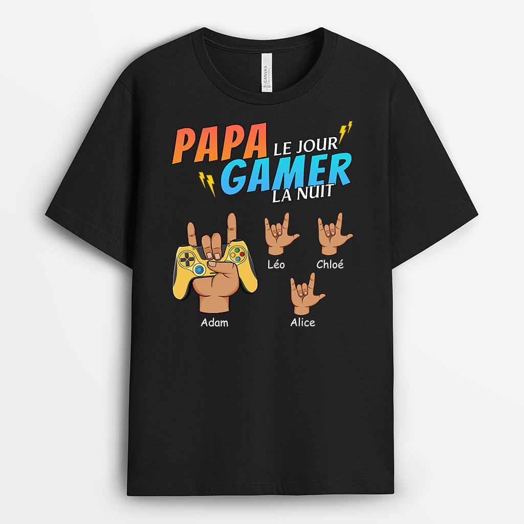 1163AFR1 Cadeau Personnalise T shirt Papa Jour Gamer Nuit Pere