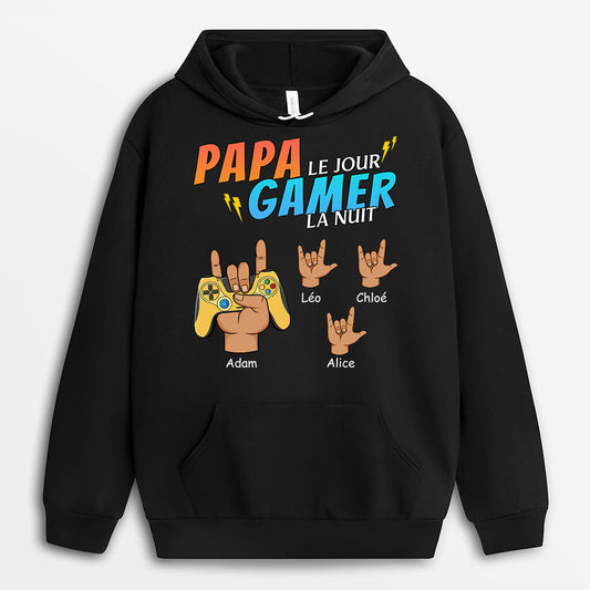 1163HFR1 Cadeau Personnalise Sweat a Capuche Papa Jour Gamer Nuit Pere