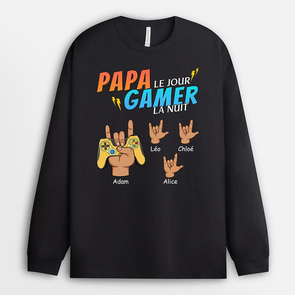 1163NFR1 Cadeau Personnalise Manches Longues Papa Jour Gamer Nuit Pere