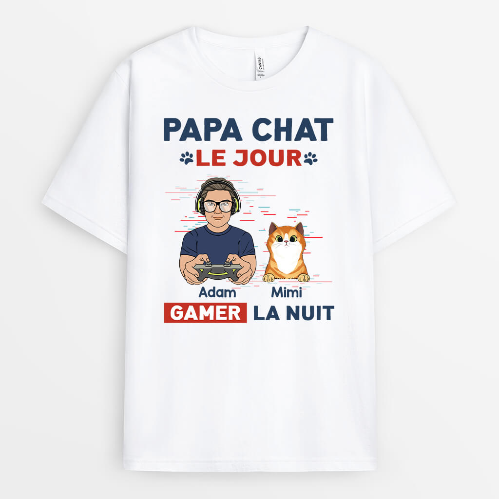 1164AFR1 Cadeau Personnalise T shirt Papa Chat Jour Gamer Nuit Amoureux des chats