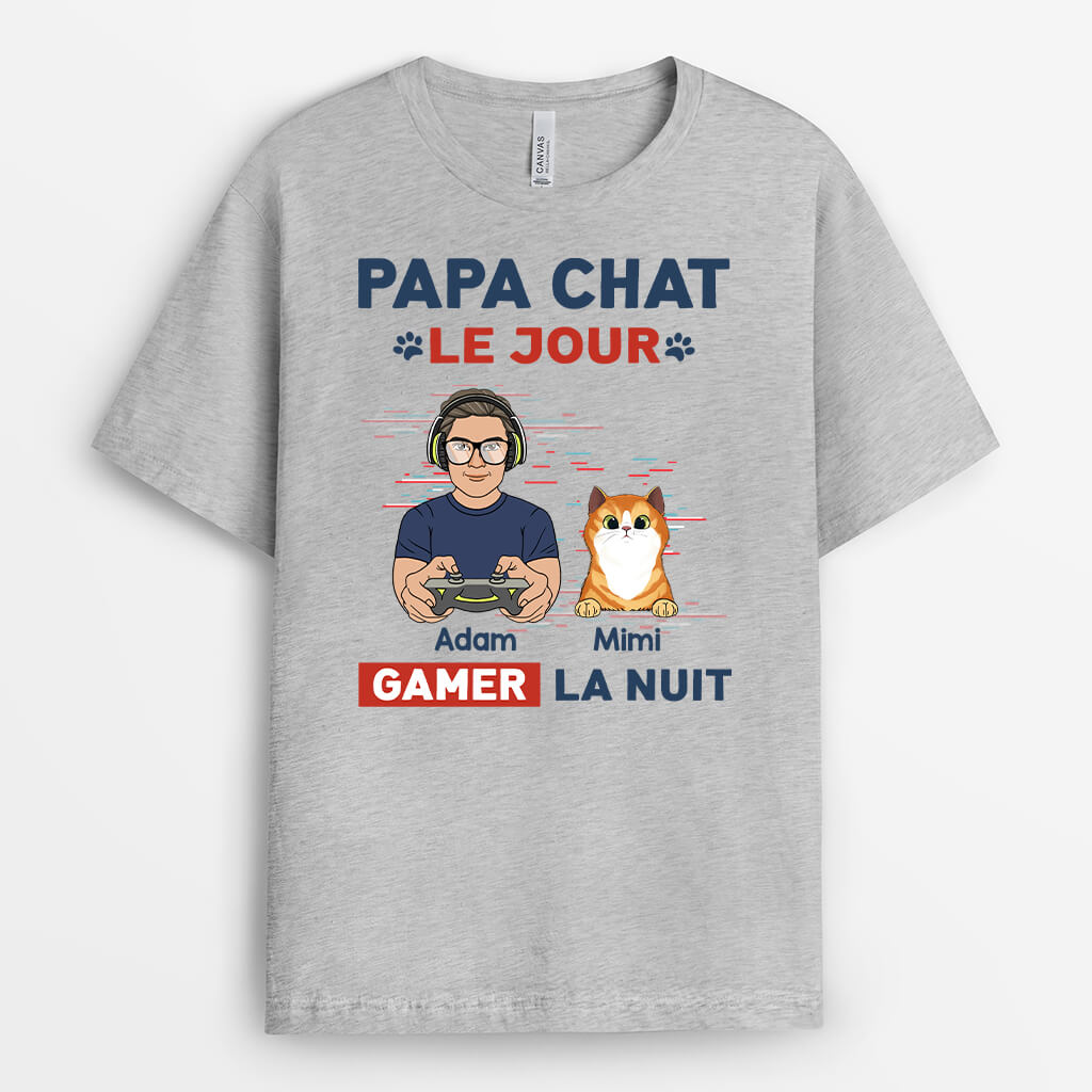 1164AFR2 Cadeau Personnalise T shirt Papa Chat Jour Gamer Nuit Amoureux des chats