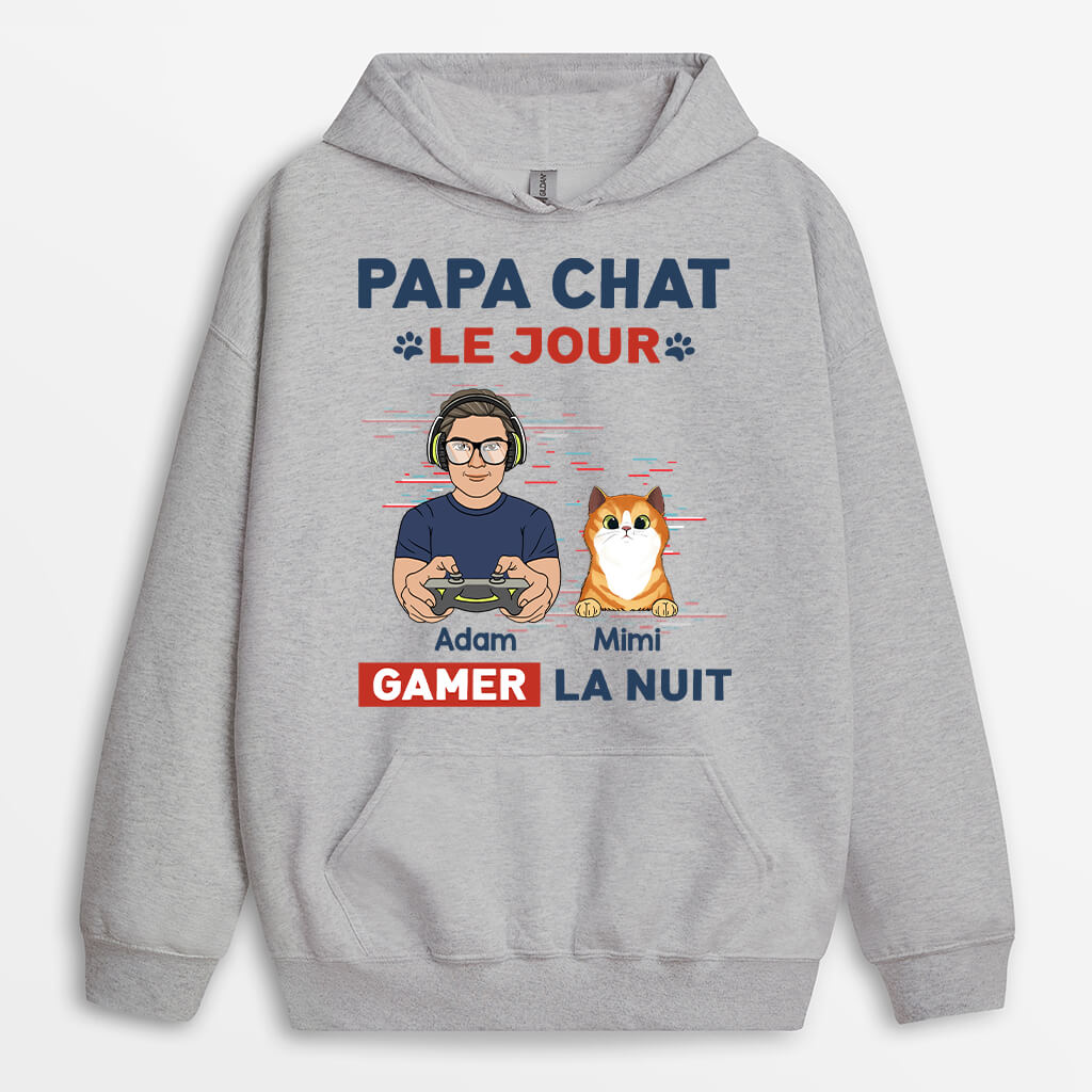 1164HFR1 Cadeau Personnalise Sweat a Capuche Papa Chat Jour Gamer Nuit Amoureux des chats