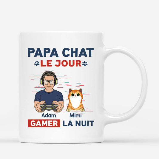 1164MFR1 Cadeau Personnalise Mug Papa Chat Jour Gamer Nuit Amoureux des chats