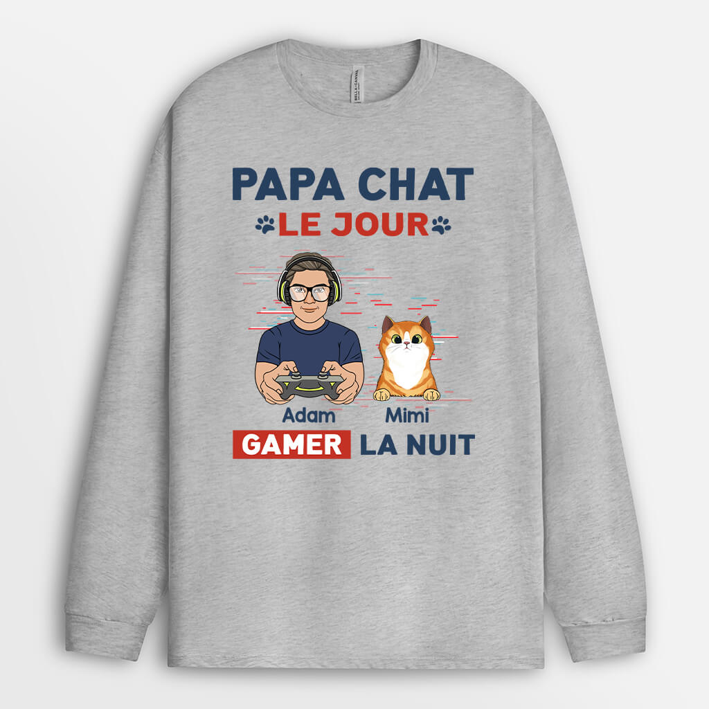 1164NF1 Cadeau Personnalise Manches Longues Papa Chat Jour Gamer Nuit Amoureux des chats