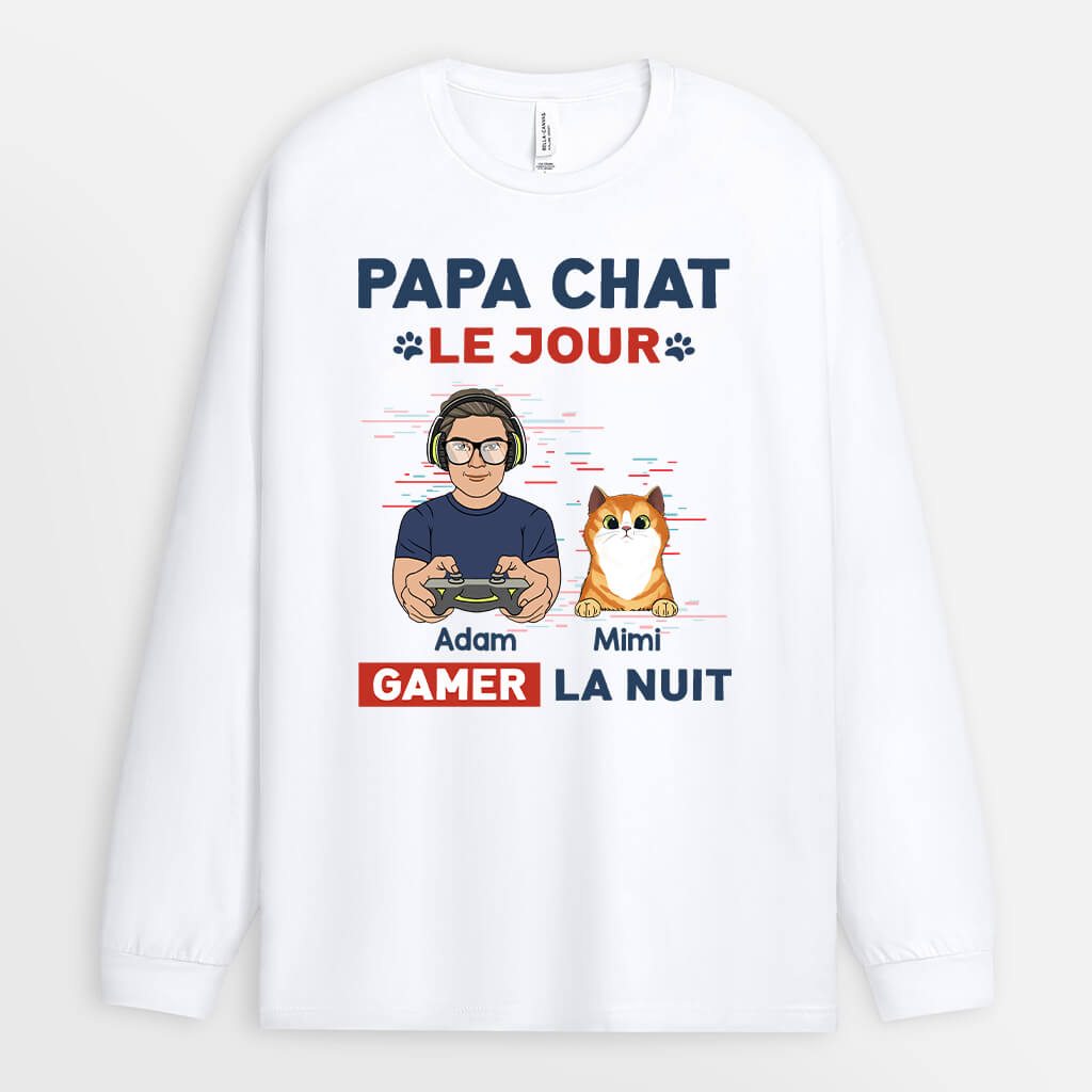 1164NF2 Cadeau Personnalise Manches Longues Papa Chat Jour Gamer Nuit Amoureux des chats