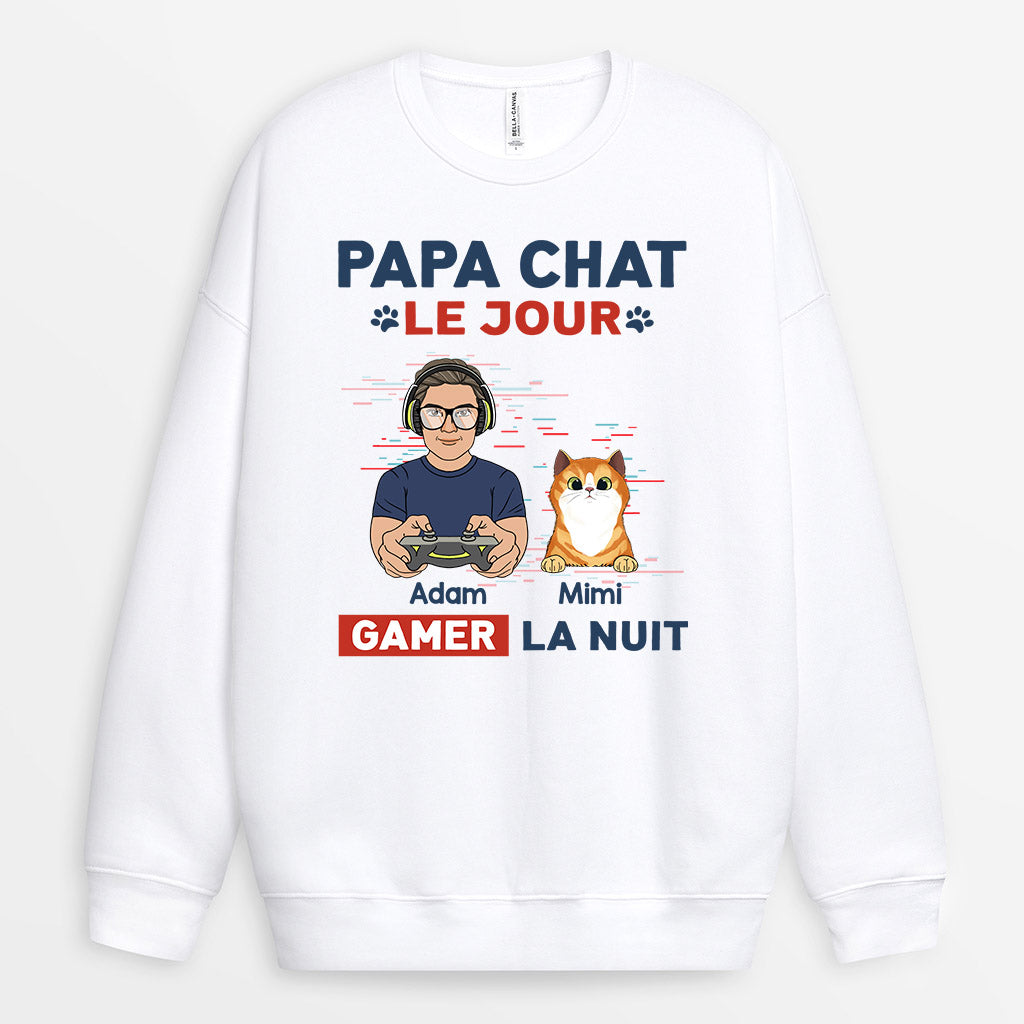 1164WFR2 Cadeau Personnalise Sweatshirt Papa Chat Jour Gamer Nuit Amoureux des chats