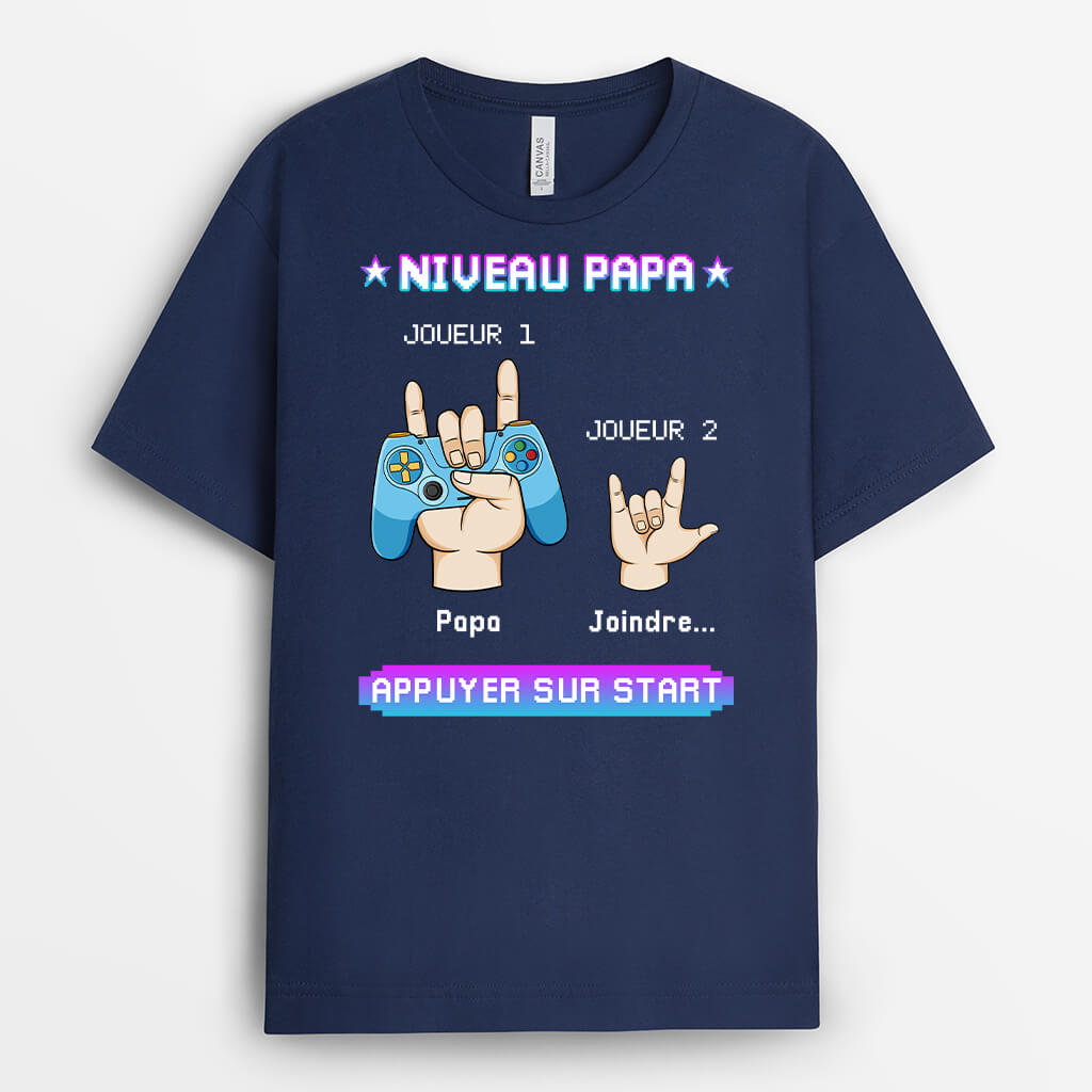 1166AFR1 Cadeau Personnalise T shirt Niveau Papa Gamer Pere