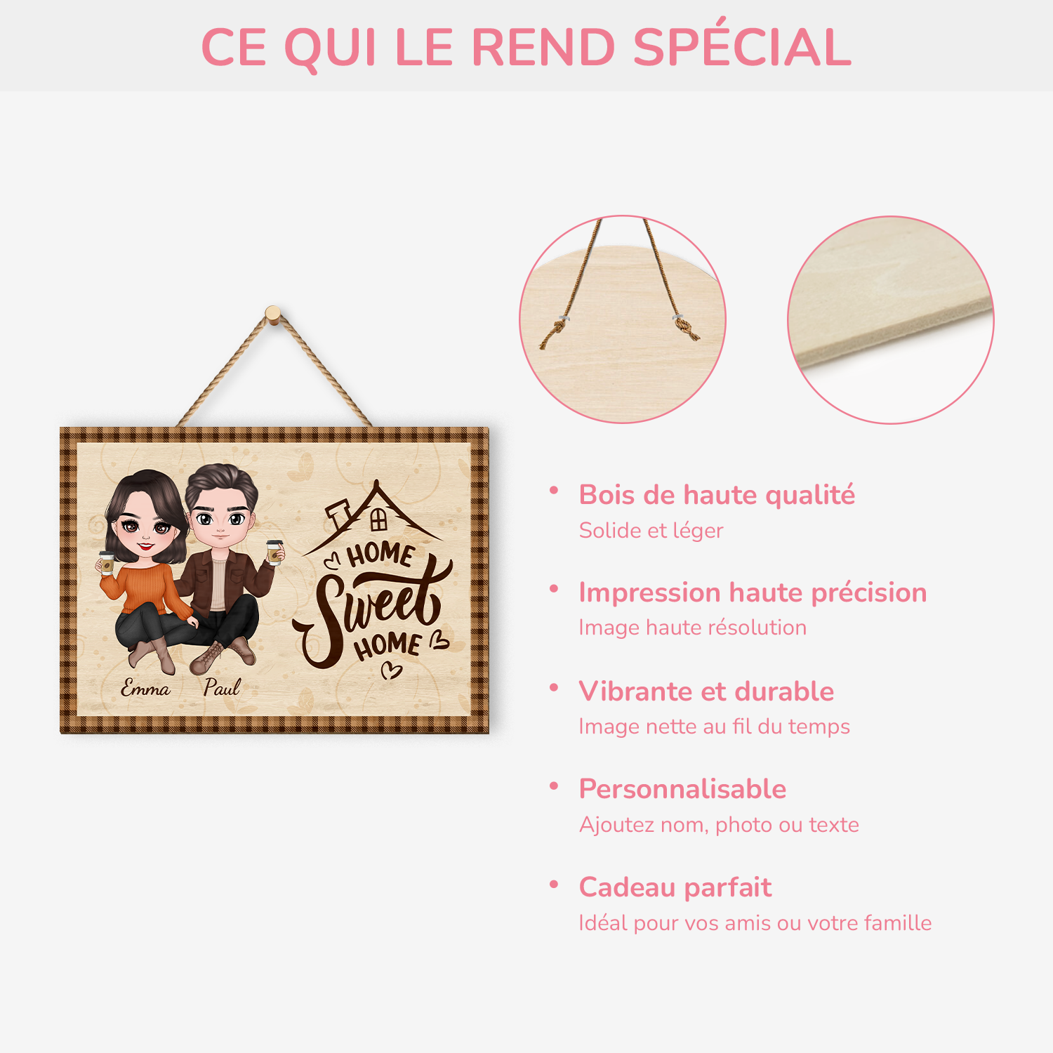 1212QFR4 plaque en bois personnalisee pour couple maison douce 1212qkh0g
