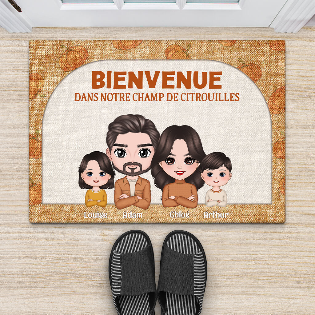 1217DFR2 Cadeau Personnalise Paillasson Bienvenue Champ Citrouilles Famille