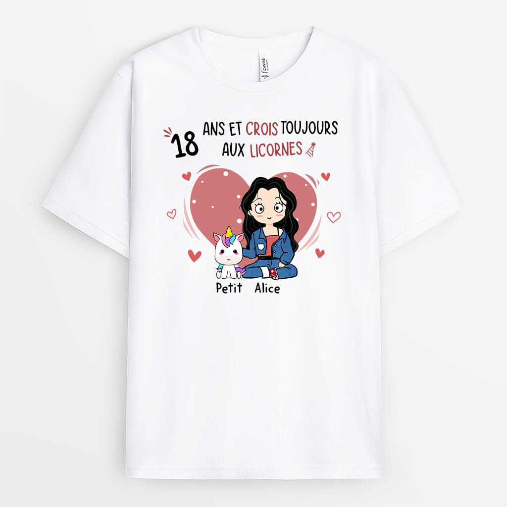 1244AFR1 t shirt 18 ans et crois toujours aux licornes personnalise