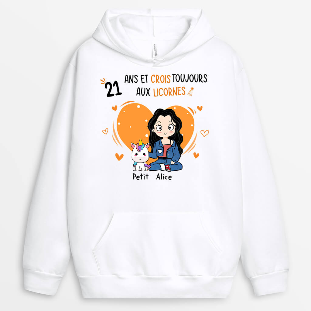 1244HFR1 sweat a capuche 21 ans et crois toujours aux licornes personnalise