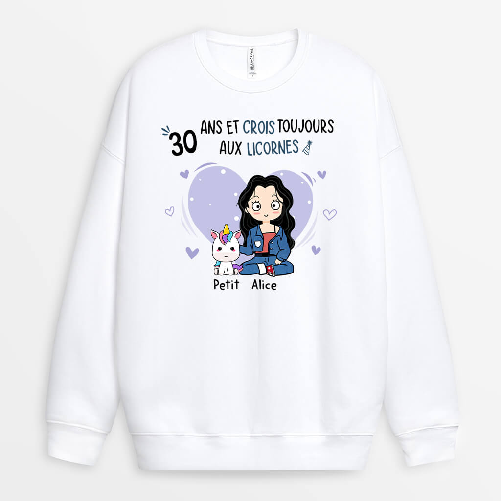 1244WFR1 sweatshirt 30 ans et crois toujours aux licornes personnalise