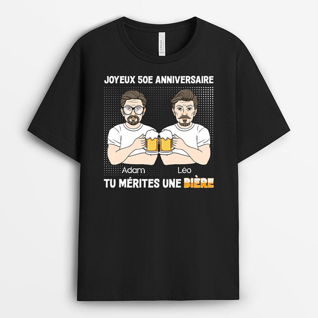 1247AFR3 t shirt joyeux 50e anniversaire tu merites une biere personnalise