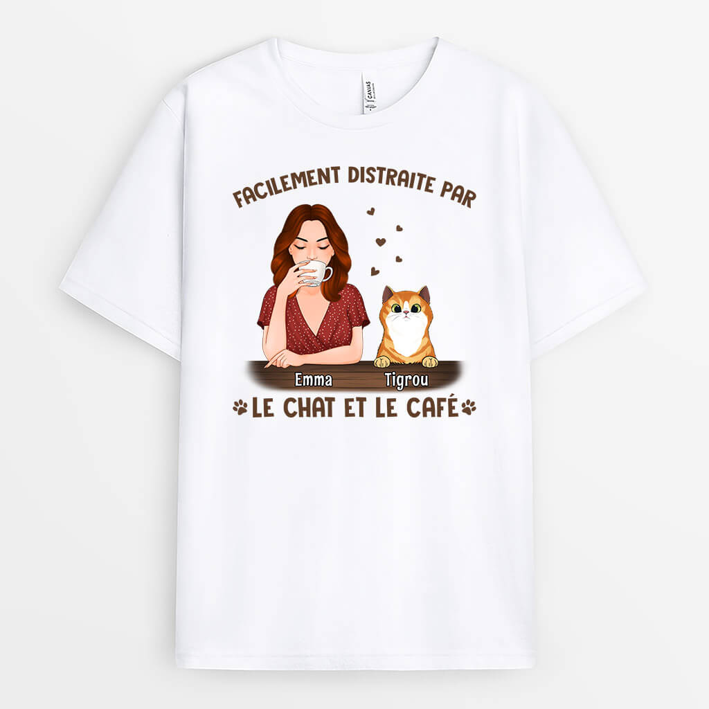 1306AFR1 t shirt facilement distrait par les chats et le cafe personnalise