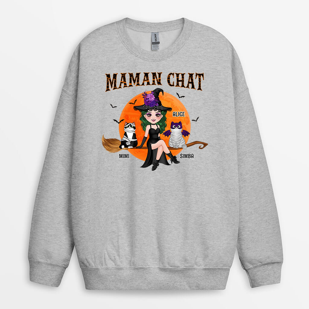 1310WFR1 sweatshirt maman chat sorciere avec son balai personnalise