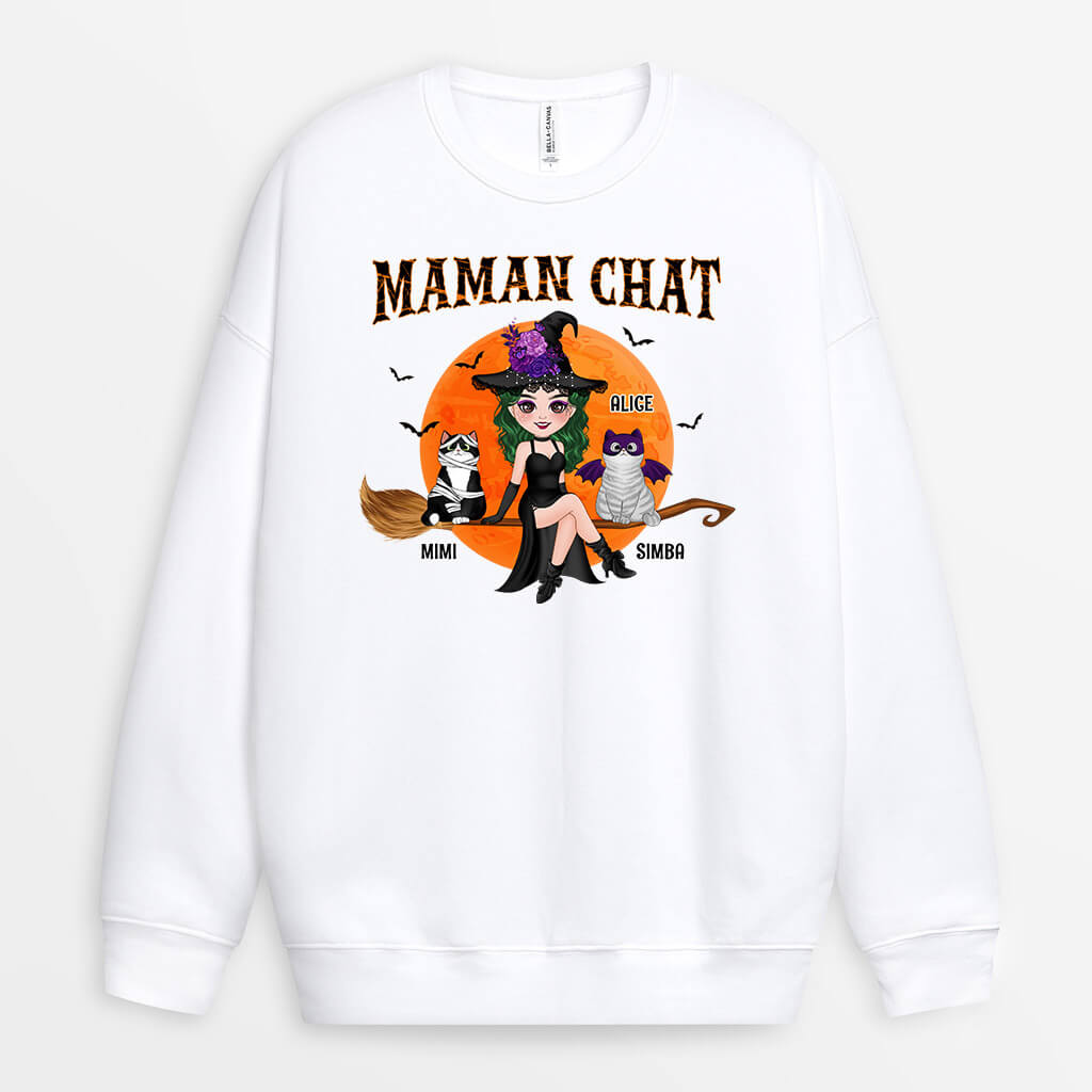 1310WFR2 sweatshirt maman chat sorciere avec son balai personnalise